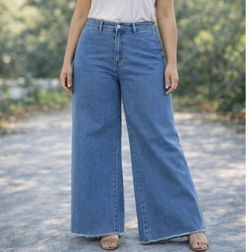 AnnieWear Los Angeles Aria Wide Leg Raw Hem Jeans Blue AP6002 Womens Large